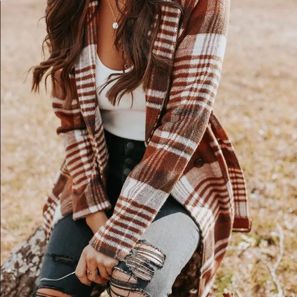 Plaid Brown Women's Coat - Picture 9 of 12